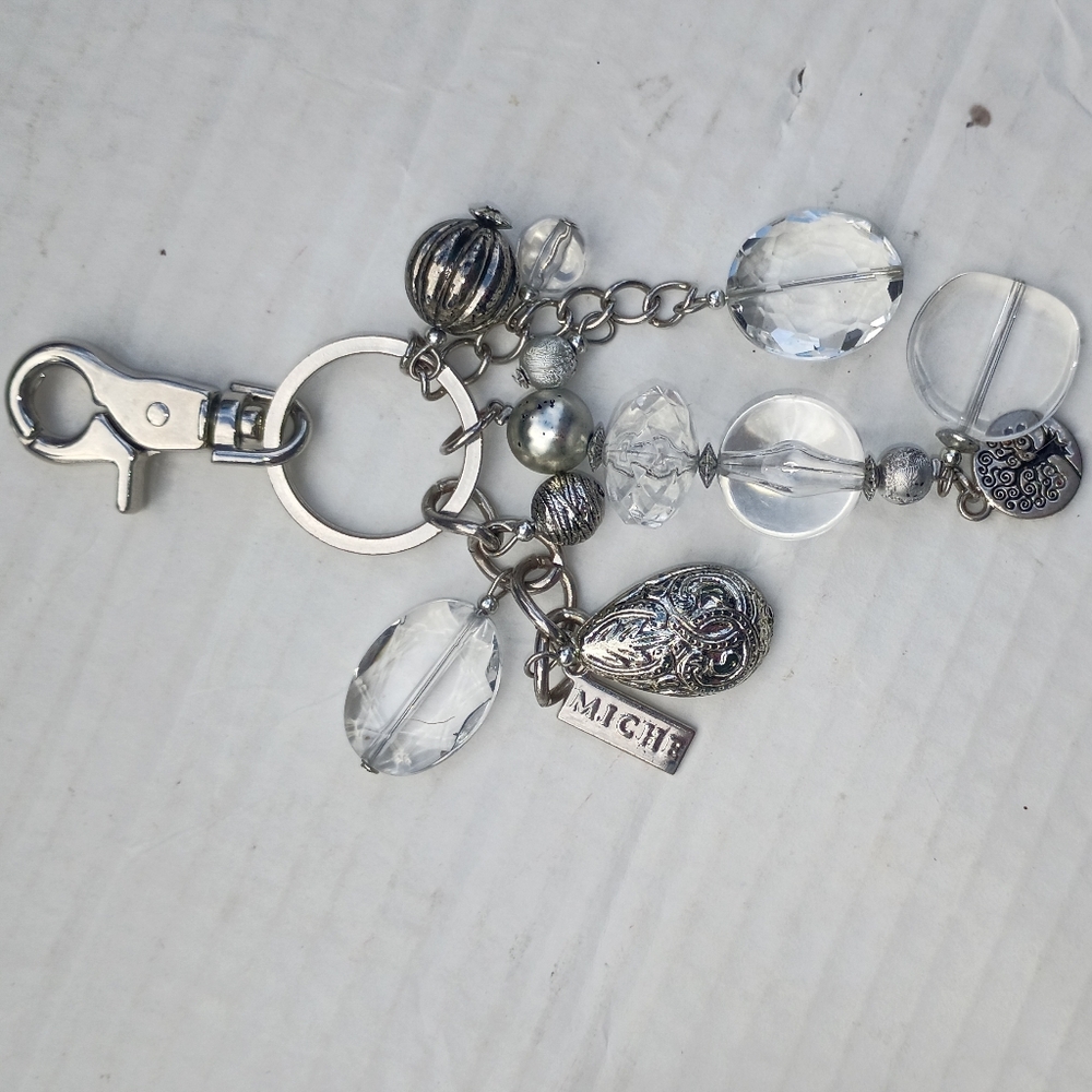 Miche Silver and Clear Beaded Keychain Purse Charm